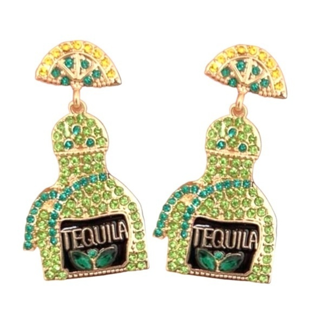 Rhinestone tequila drop earrings green bling
